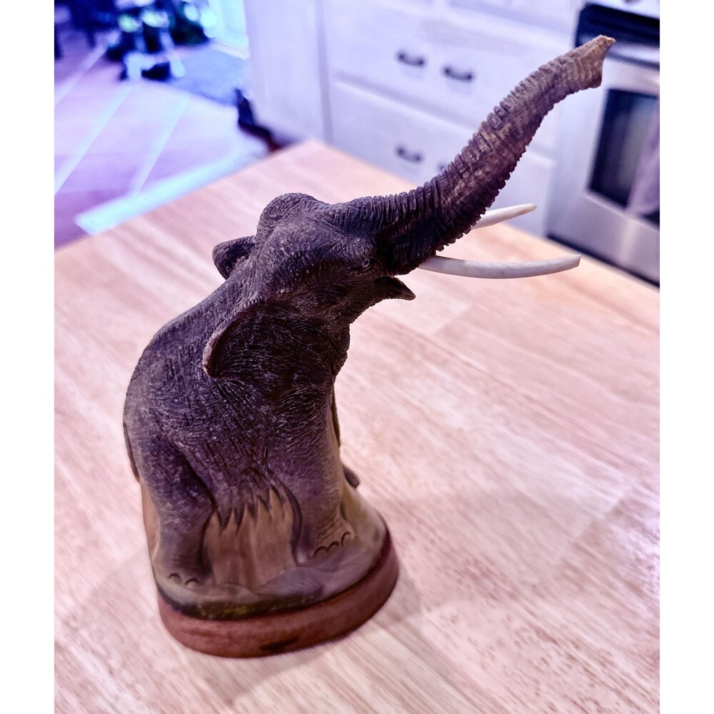 Hand-Carved Bone Elephant Sculpture – 7” Tall – Raised Trunk – Quebec 1980s Vtg